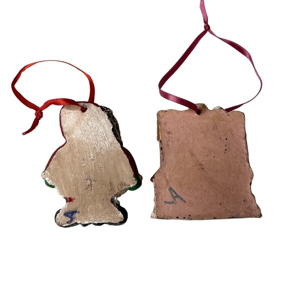 2 Pc Vintage Ornaments Handmade Ceramic Santa and House with Snow 3 x 2 Ea u - Picture 4 of 6